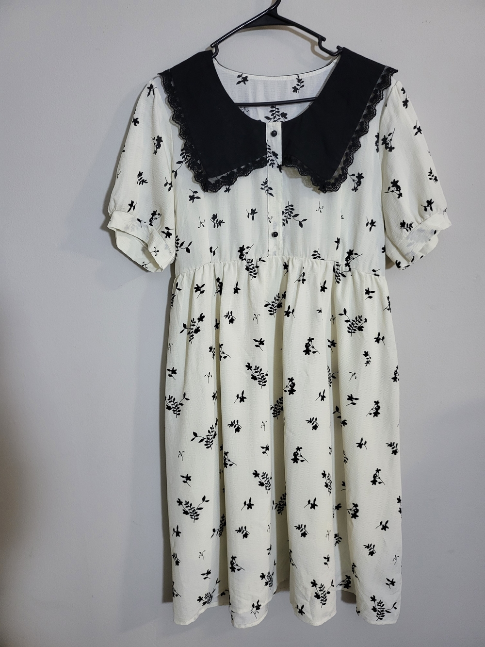 Cream Dress with Black Collar - Charming Floral Print